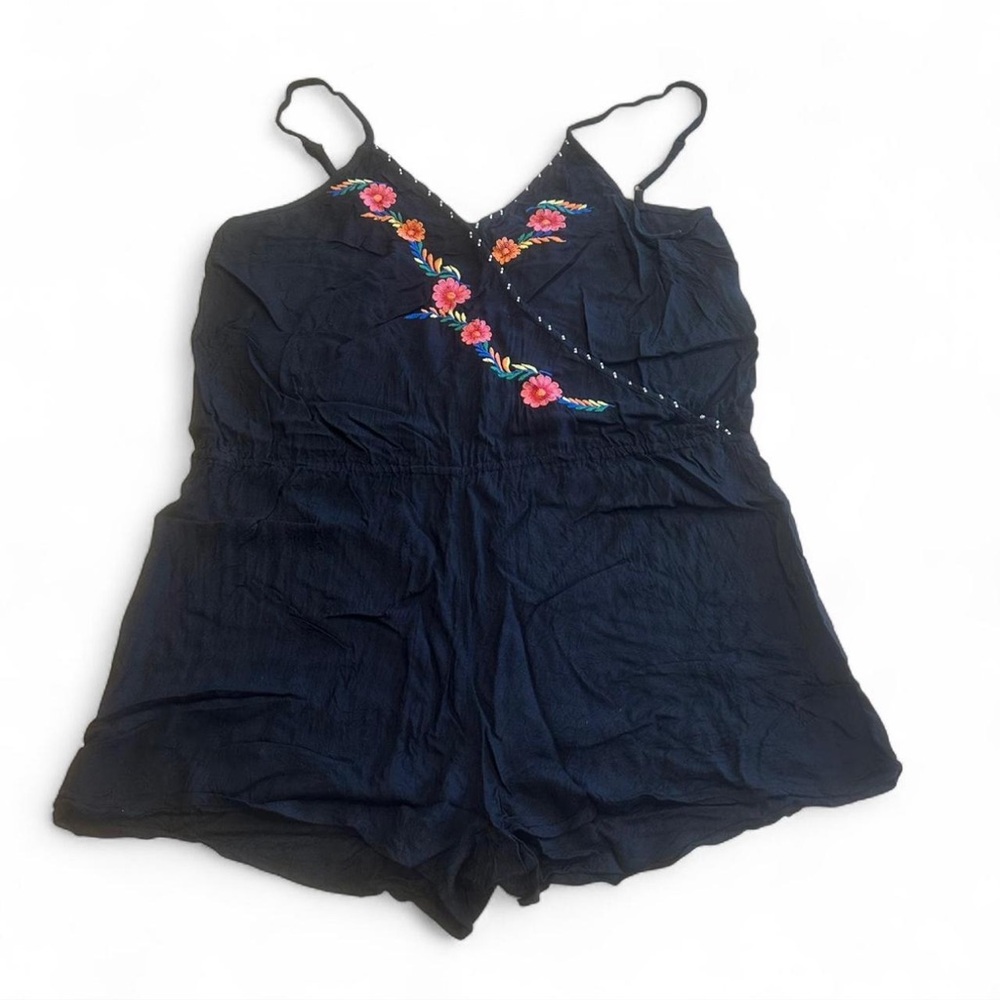 Fun & Flirt Romper L  Embroidered Floral Black With Multi Colors Spaghetti Strap